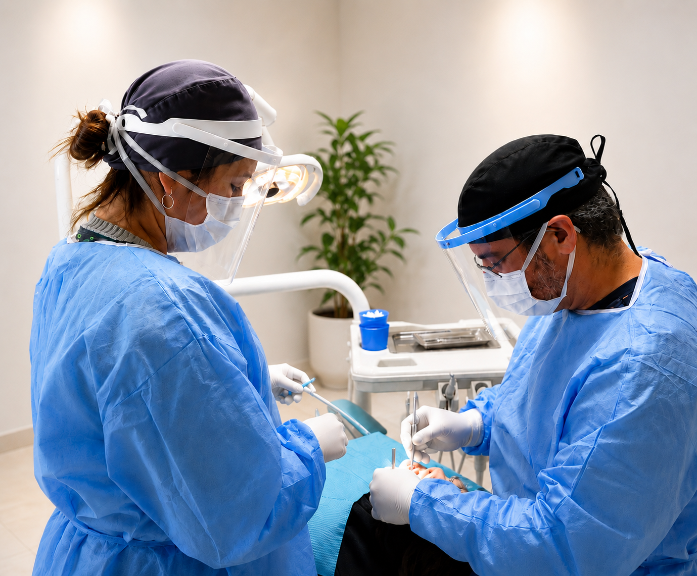 Equipo odontológico con protección clínica durante procedimiento